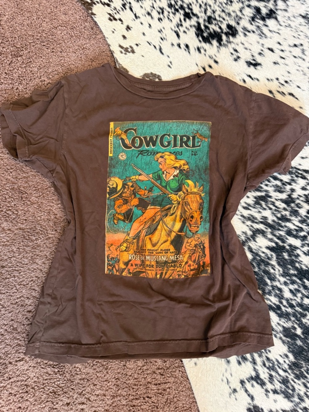 Cowgirl Graphic Tee in Brown with Teal & Yellow Print